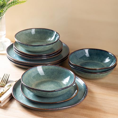 AmorArc Ceramic Dinnerware Sets for 8, 24Pcs Plates and Bowls Sets Dishes | Stoneware Handmade Reactive Glaze Dinner Set, Highly Scratch Resistant | Dishwasher & Microwave Safe Dishware - color: Vintage Blue, size: Service for 8
