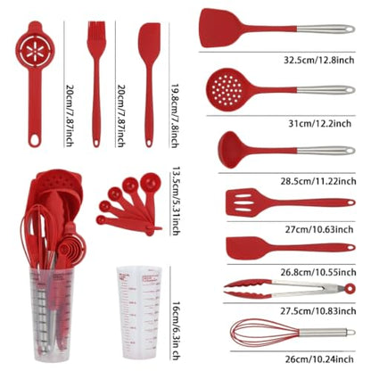 16-Piece Silicone Kitchen Utensil Set with Measuring Cup, Red | Dishwasher-safe BPA-free tools for nonstick cookware, with tongs, whisk, 5 measuring spoons and a 500ml measuring cup holder - color: Red