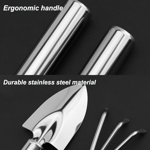 3 Pcs Stainless Steel Mini Garden Tools Set Small Tiny Shovel Trowel Root Extractor Hand Rake Indoor Outdoor Gardening Tools for Pot Plants Succulent Bonsai - style: 3PCS Stainless Steel Silver