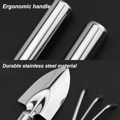3 Pcs Stainless Steel Mini Garden Tools Set Small Tiny Shovel Trowel Root Extractor Hand Rake Indoor Outdoor Gardening Tools for Pot Plants Succulent Bonsai - style: 3PCS Stainless Steel Silver