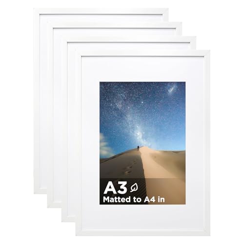 A3 Picture Frame White Set of 4, Wooden Photo Frames Matted A4 with Plexiglass for A4 with Mat or A3 without Mat for Wall Display - color: White, size: A3