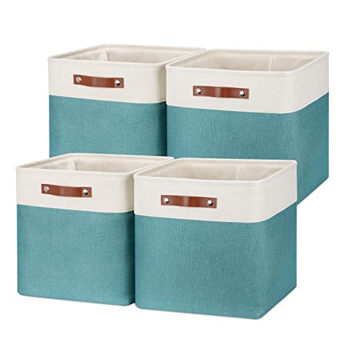 Temary Fabric Storage Cubes 13x13 Storage Baskets for Organizing, 4Pack Large Fabric Storage Bins with Handles Cube Storage Baskets for Storage Clothes, Books (White&Teal) - color: White&Teal, size: 13 x 13 x 13