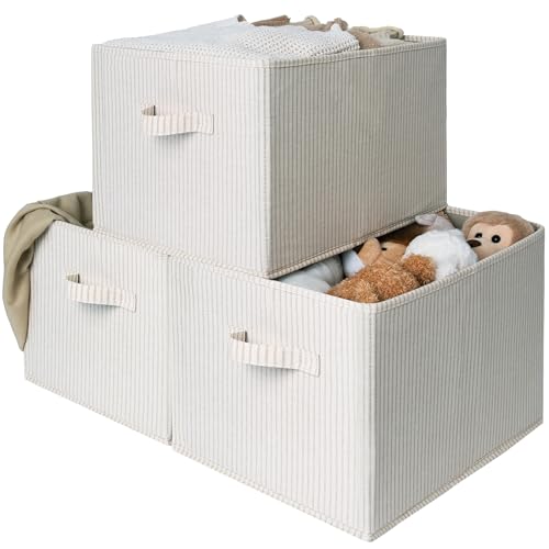 StorageWorks Shelf Organizer Bins, Beige Stripes, Extra Large, 3-Pack | Foldable Shelf Organizer Bins, Closet Storage Baskets for Clothes, Storage Bins for Organization - color: Beige Stripes, size: Extra Large