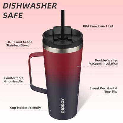 BJPKPK 22oz Insulated Tumbler with Handle, Lid & Straw, Stainless Steel | Double Wall Vacuum Insulated Coffee Travel Mug - Keeps Cold & Hot, BPA Free, Cupholder Fit for Office, Gym & Travel - color: Charming Red, size: 22 Ounces