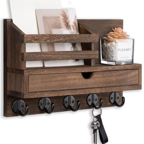 Key Holder Wall Mount, Mail Holder with Storage Drawer and 5 Key Hooks for Coat, Dog Leash, Home Decor Rack, House Accessories, Entry Way Organizer - color: Brown, size: Standard - 11.8 Inch