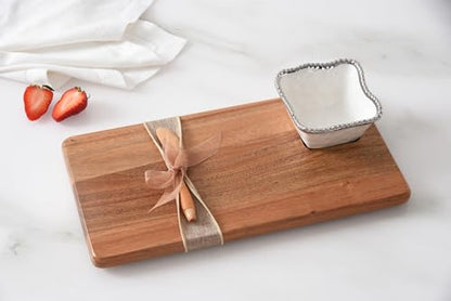 Pampa Bay Acacia Charcuterie Board with Porcelain White & Silver Dipping Bowl and Wood Spreader - color: White & Silver
