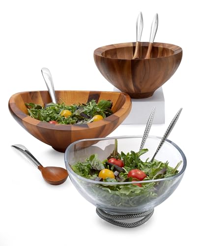 nambe Butterfly Acacia Wood Salad Bowl with 2 Salad Servers | Made of Acacia wood and Nambe Alloy | Large Deep Wooden Bowls | Acacia Wood Salad Bowl Set | Designed by Sean O’hara (16-in)
