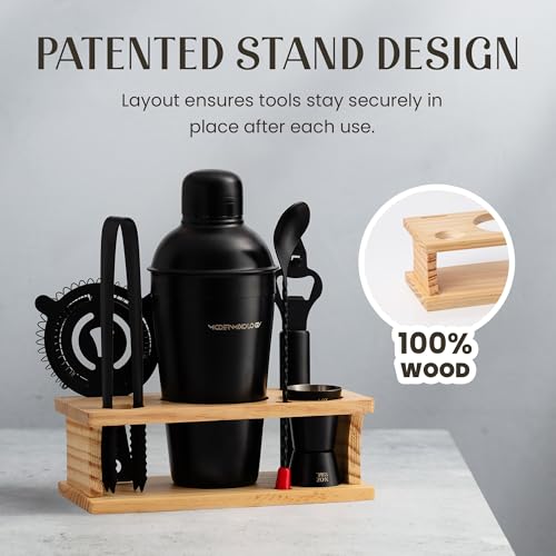 Cocktail Shaker Set - Bartender Kit with Pine Stand | Leak-Proof Design | Includes Martini Shaker, Jigger, Strainer, Spoon, Tongs | Perfect Bar Tools Gift for Home Mixology (Black) - color: Black, size: 8 Pieces