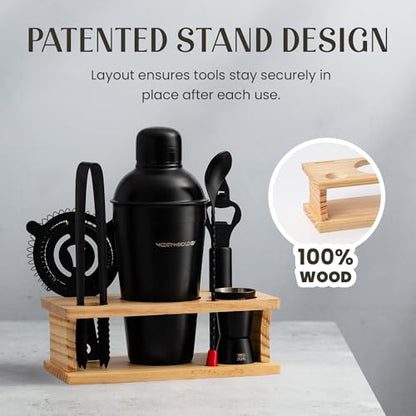 Cocktail Shaker Set - Bartender Kit with Pine Stand | Leak-Proof Design | Includes Martini Shaker, Jigger, Strainer, Spoon, Tongs | Perfect Bar Tools Gift for Home Mixology (Black) - color: Black, size: 8 Pieces