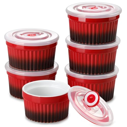 vancasso 8 oz Ramekins with Lid, Porcelain Creme Brulee Souffle Dishes, Red Pudding Custard Cups Ramiken for Baking, Dishwasher and Oven Safe, Set of 6 - color: Red, size: 8 oz