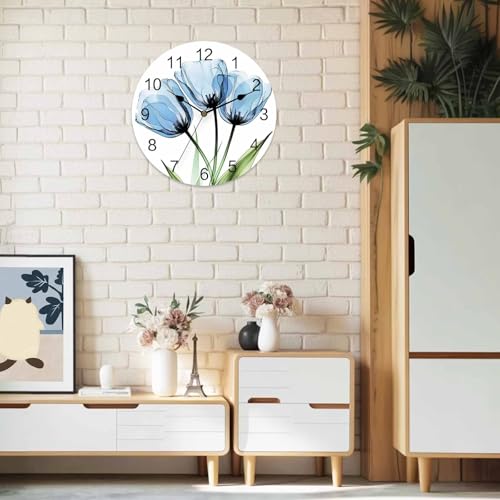 Yukro 10 Inch Blue Tulip Wall Clock, Country Flower Farmhouse Battery Operated Silent Non Ticking Clocks, Easy to Read Round Wall Clock for Kitchen/Living Room/Bedroom/Office - color: Lake Blue Green, size: 10 Inch