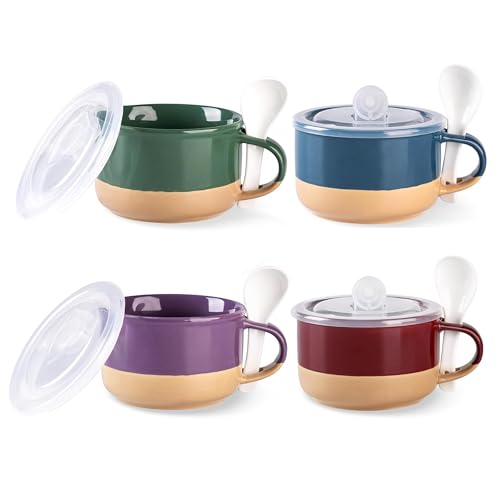 GBhome Ceramic Soup Mugs with Handles and Lids,24 OZ Soup Cups Set of 4 | Terracotta Underside,Mug Bowls with Spoon for Soup/Cereal/Salad/Noodles/Ramen/Microware &Dishwasher Safe-Multicolor - color: Multicolor-2