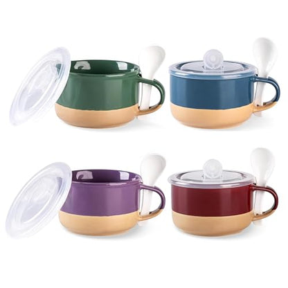 GBhome Ceramic Soup Mugs with Handles and Lids,24 OZ Soup Cups Set of 4 | Terracotta Underside,Mug Bowls with Spoon for Soup/Cereal/Salad/Noodles/Ramen/Microware &Dishwasher Safe-Multicolor - color: Multicolor-2