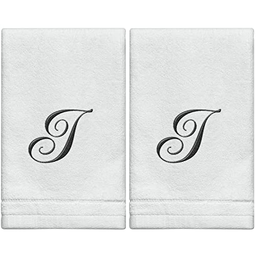 Monogrammed Towels Fingertip, Personalized Gift, 11 x 18 Inches - Set of 2- Black Embroidered Towel - Extra Absorbent 100% Cotton- Soft Velour Finish - For Bathroom/ Kitchen/ Spa- Initial I (White) - color: I