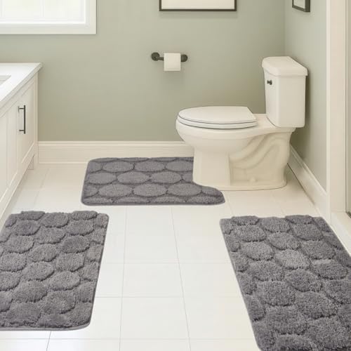 Bath Rugs Set 3 Pieces Bathroom Mat Soft Absorbent Plush Shaggy Soft Floor Non Slip Shower Bath Tub Machine Washable - color: Charcoal-round, size: 20"x32"/20"x20"/17"x24"