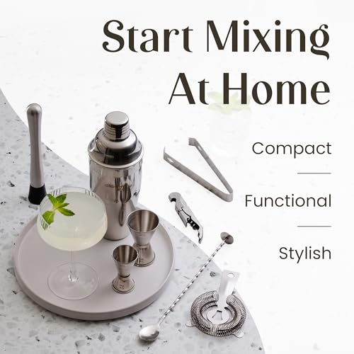 Mixology & Craft Rustic Cocktail Shaker Set – Includes Wood Stand, Complete Barware Kit with 24 Oz Shaker, Dual Jiggers, Pourers, Muddler, Strainer – Perfect for Home Bartenders (Silver) - color: Silver