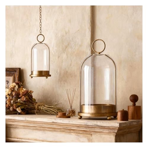 Metal Candle Holder Handmade Glass,Brass Dome Hurricane Glass Candle Holder | 5" & 4" Wide Can Be Placed Desktop Hung,for Pillar Candles,Plants Decorative Farmhouse, Shabby Chic