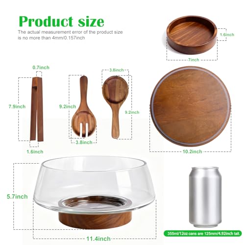 Extra Large Glass Salad Bowl with Lid Set, 5-Qt (160 fl oz) Mixing/Serving Bowl with Wood Base & Salad Servers, Trifle Bowl for Kitchen, Parties & Christmas