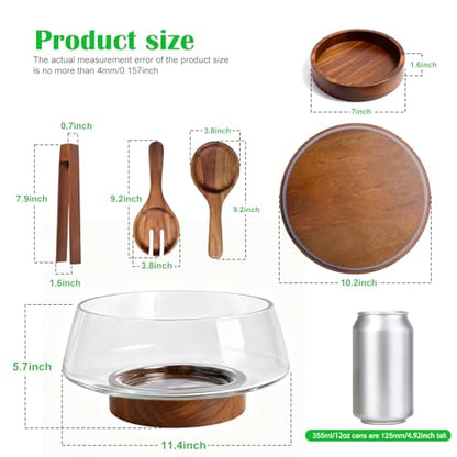 Extra Large Glass Salad Bowl with Lid Set, 5-Qt (160 fl oz) Mixing/Serving Bowl with Wood Base & Salad Servers, Trifle Bowl for Kitchen, Parties & Christmas