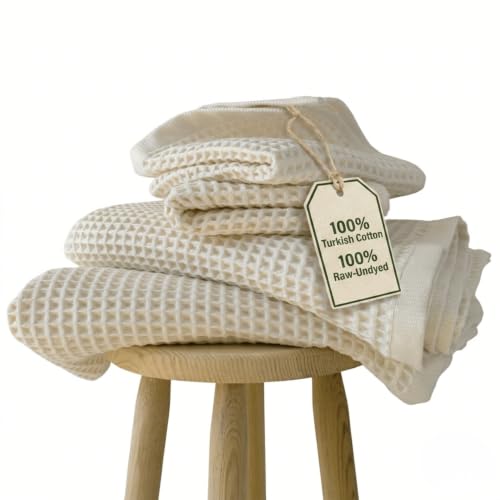 PÜSKÜL Natural 100% Turkish Cotton Waffle Towels Set for Bathroom (4-Piece) | Raw-Undyed, Large Size 2 Hand & 2 Bath Towel Quick-Dry Soft Absorbent Premium Honeycomb Weave Organic Oeko-Tex Made in Turkey - color: Natural Beige