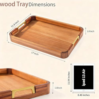 Acacia Wood Serving Tray with Metal Handles, 17x12in Food Drinks Tray for Coffee Table, Breakfast, Dinner & Bar, Rustic Decorative Storage Tray for Ottoman, Kitchen, Parties