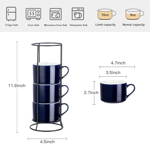 10oz Porcelain Stackable Coffee Mugs and Metal Stand Set of 4, Espresso Cups Set for Hot Drinks, Cappuccino, Tea-Blue - color: Navy