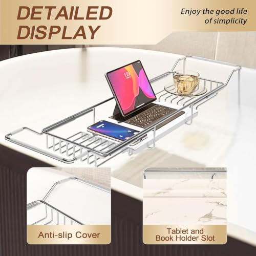 Expandable Stainless Steel Bathtub Caddy Tray with White Marble Board, | Extra Wide Rustproof Shelf, Book Tablet & Wine Glass Stand For Luxury Home Spa(Silver+White) - color: Silver+white