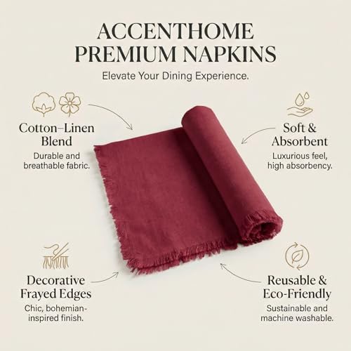 ACCENTHOME Burgundy Cotton Linen Napkin Set of 6 18x18 inch Dinner Napkins | Cotton Linen Blend Napkins, Machine Wash On Gentle Cycle, Economy Pack, Multi Purpose Use, Cotton - color: 10 - Burgundy, size: 18" x 18" (Set of 6)