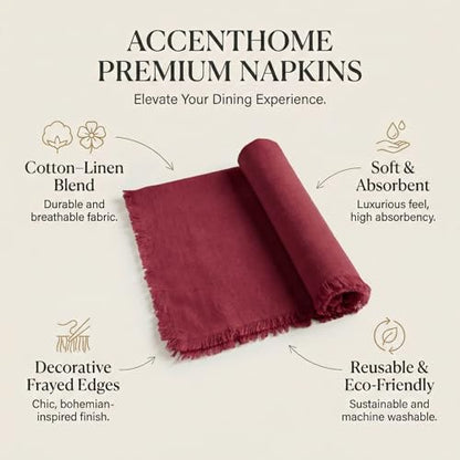 ACCENTHOME Burgundy Cotton Linen Napkin Set of 6 18x18 inch Dinner Napkins | Cotton Linen Blend Napkins, Machine Wash On Gentle Cycle, Economy Pack, Multi Purpose Use, Cotton - color: 10 - Burgundy, size: 18" x 18" (Set of 6)