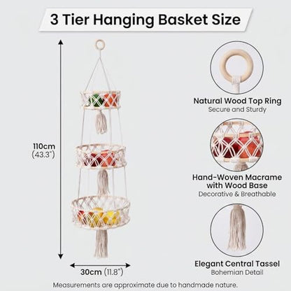 2 Pack Cotton Rope Hanging Fruit Basket - 3 Tier Storage Organizer for Kitchen, Macrame Plant Hanger, Decorative Boho Style Produce Holder with Hooks and Screws for Plants, Vegetable, Onion, Potato