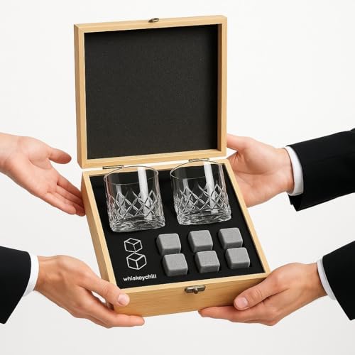 Premium Whiskey Stones Gift Set with 2 Crystal Glasses, Wooden Box, 8 Granite Chilling Rocks