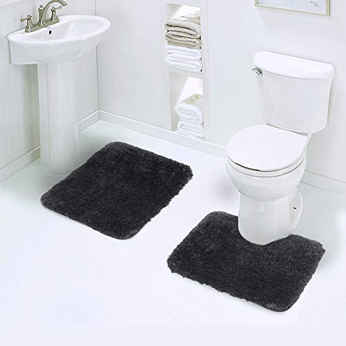 Walensee Shaggy 2 Piece Bath Rug Set - U Shape Contour Rug (20 x 24, Black) & 20 x 32 Bathroom Rug, Plush Machine Wash/Dry Bath Mats, Absorbent Non Slip - color: Black