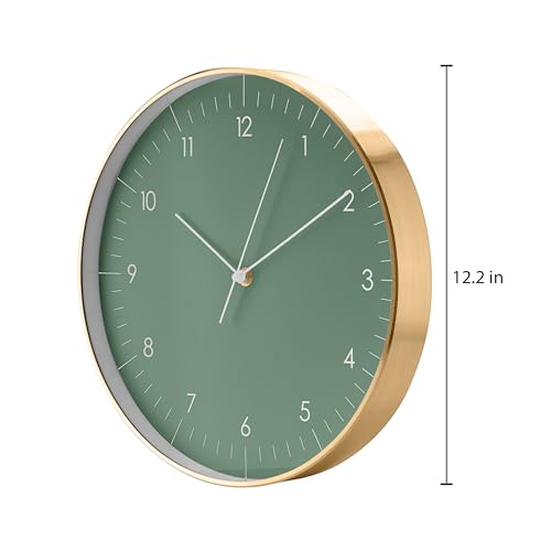 Modern Silent Quartz Wall Clock, 12in, Dark Green & Gold | Simple & Trendy, Gifting ideas, Analog, Easy-to-read, Battery operated, Wall mount, Mantel display, Bedroom, Bathroom - color: Dark Green, 12"