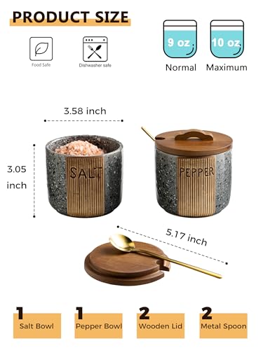 Salt and Pepper Containers for Countertop, Ceramic Salt Pepper Bowls | 10 OZ Salt Cellar with Wooden Lid and Spoons, Farmhouse Salt and Pepper Set of 2, Marble Design, Easy Access, Gray - color: Gray, size: Set of 2