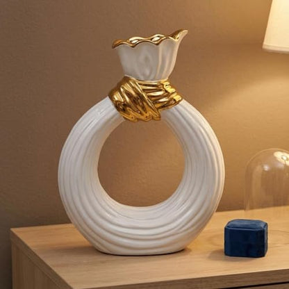 Circular Shaped Ceramic Vase White Glazed Ribbed Ceramic Vase Table Decoration for Tabletop, Floral Display, L 17cm W 6.5cm H 24cm - size: L 17cm W 6.5cm H 24cm