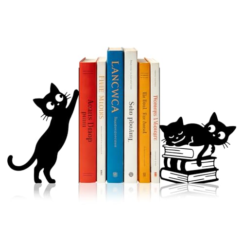 Sanwarm Bookends, 2 Pcs, Metal, for Home Office Desk Shelves Cats Black | Whimsical Decorative Book Ends Non-Skid Book Stoppers Holder 1 Pair Gifts for Reading Enthusiasts Library Decor - color: Black Cat 4