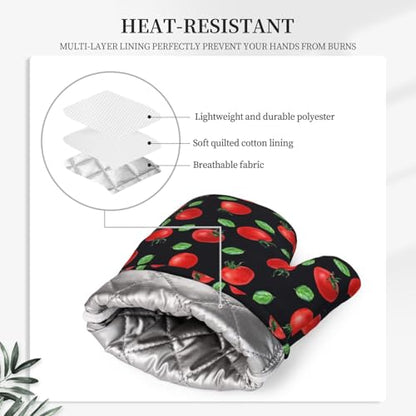 Cherry Tomatoes and Leaves Oven Mitts and Pot Holders Sets Silicone Kitchen Oven Mitts Hot Pads Heat Resistant Potholders Kitchen Mitts Set for Baking BBQ Cooking - color: Red Black