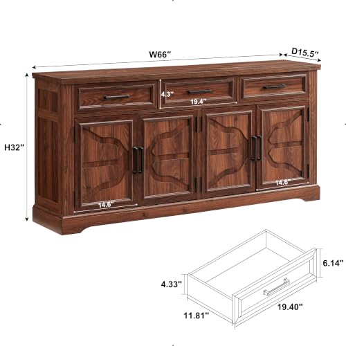 66" Farmhouse Buffet Cabinet with Storage, Sideboard Credenza, Carved Cloud-Inspired Doors, 3 Drawers & Adjustable Shelves, Coffee Bar Cabinet, Dark Brown - color: Dark Brown