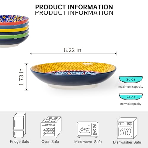 HENXFEN LEAD Boho Pasta Bowls Set of 6, 26 oz Wide Shallow Ceramic Bowls | Assorted Patterns, Ideal for Pasta, Salad, Soup, Risotto and Everyday Meals, Microwave and Dishwasher Safe - size: 26 Oz