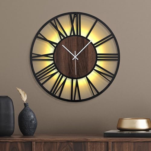 20 Inch Large Metal Wall Clock with Voice and Light Sensor Night Light, Glow in The Dark Non-Ticking Silent Battery Operated Decorative Oversized Wall Clock for Bedroom Living Room Decor - color: Dark Brown - Roman Numbers, size: 20inch (50cm)
