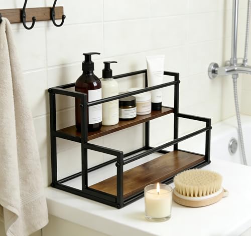 Coffee Syrup Rack Organizer -2 Tier 10 Syrup Bottles Holder Stand for Coffee Bar Kitchen Countertop,Stepped Display Shelf for Spices, Jars, Dressing Freestanding Storage Shelves Rustic Small Wine Rack