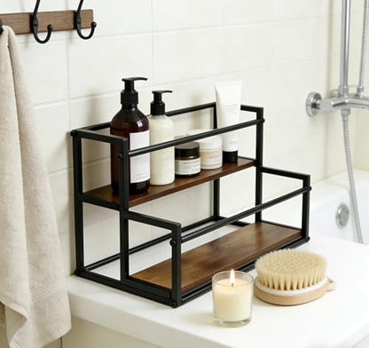 Coffee Syrup Rack Organizer -2 Tier 10 Syrup Bottles Holder Stand for Coffee Bar Kitchen Countertop,Stepped Display Shelf for Spices, Jars, Dressing Freestanding Storage Shelves Rustic Small Wine Rack