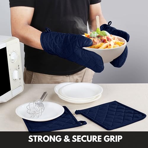 Oven Mitt (7"x13") & Pot Holder (8"x8") 100% Cotton Set of Heat Resistant Oven Gloves & Hot Pads for Gifts, BBQ, Cooking, Baking, Thanksgiving - Navy Blue - color: Navy Blue