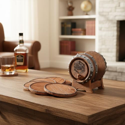 Whiskey Barrel Coasters Set 6 Full Size Non-Slip Cabin Decor Bar Coasters, for dad, Man Cave Gifts for Men and Whiskey Lovers, Rustic Handmade Cup Coaster for The Home - style: Whiskey Barrel-02