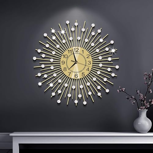 28 Inch Gold Large Wall Clock for Living Room Decor, Non-Ticking Quiet Modern Metal Starburst Silver Crystal Decorative - color: Gold ~28.0 Inch