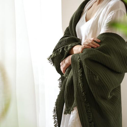 MooMee 100% Cotton Muslin Blanket, Fringed 4-Layer Gauze Bed Throw Blankets | Soft Breathable Lightweight Thin Coverlet Summer Blankets for Adults, Bed & Couch All Seasons, Olive Green, 98" x 98" - color: Olive Green, size: Oversize Queen