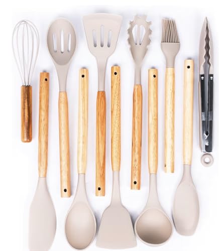 Silicone Cooking Utensils Kitchen Utensil Set - 446°F Heat Resistant Silicone Kitchen Utensils Set, Spatula,Turner Tongs, Spoon, Brush, Whisk,Kitchen Gadgets for Nonstick Cookware, BPA Free (Beige) - color: Beige
