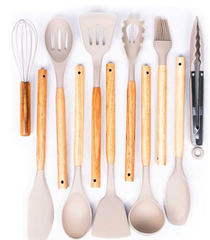 Silicone Cooking Utensils Kitchen Utensil Set - 446°F Heat Resistant Silicone Kitchen Utensils Set, Spatula,Turner Tongs, Spoon, Brush, Whisk,Kitchen Gadgets for Nonstick Cookware, BPA Free (Beige) - color: Beige