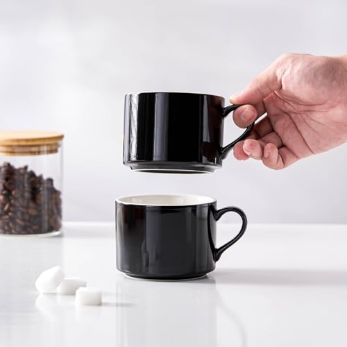 10oz Porcelain Stackable Coffee Mugs and Metal Stand Set of 4, Espresso Cups Set for Hot Drinks, Cappuccino, Tea-Black - color: Black
