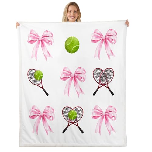 Castle Fairy Kids Tennis Flannel Blanket,Sport Girls Bow Printed Throw Blanket,Tennis Ball Game Fuzzy Blanket for Sofa Bed Living Room Decor,Watercolor Princess Style Bed Blanket,60"x80" - color: Pink Green, size: Twin